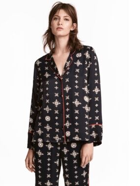 H&M Patterned Pajama Shirt - Black/Tan Satin Top Blouse - Size 12